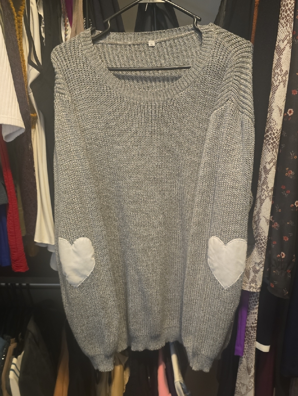 Amazon Women's Gray Crewneck Sweater with White Heart Elbow Patches
